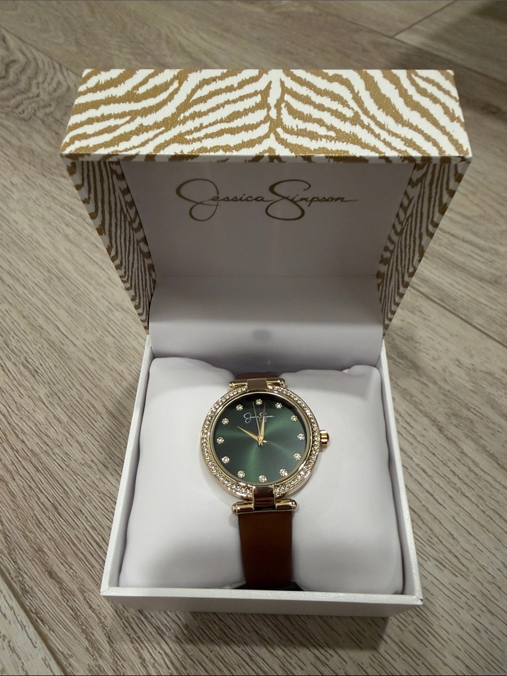 Jessica Simpson Green Dial Watch with Brown Strap and Crystal Accent